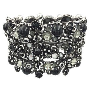 Wide Rhinestone Black Clear Dot Rhinestone Chunky Statement Silver Cuff Bracelet